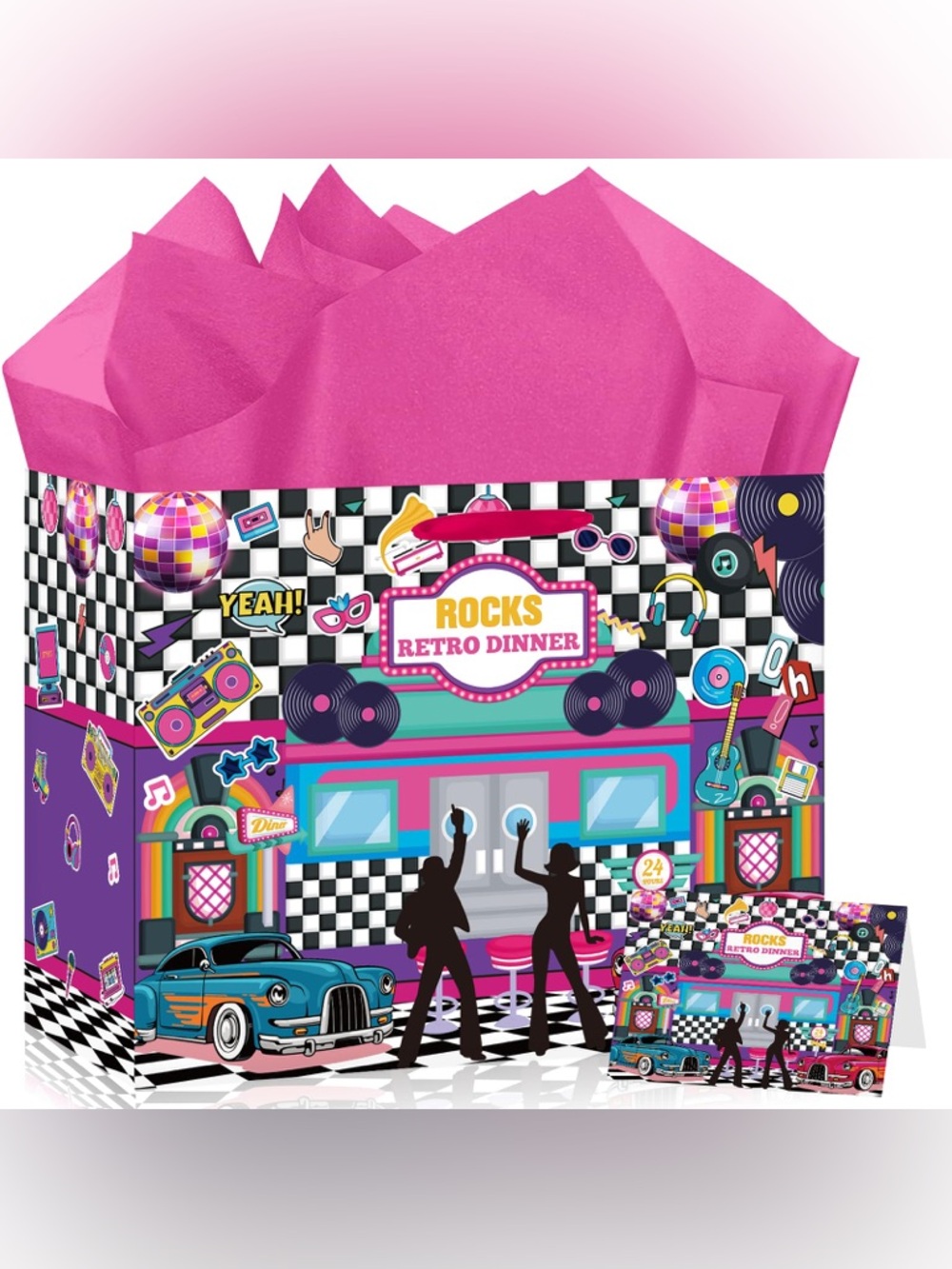 NWT 50s Retro Rock Roll Diner Gift Bag Card Pink Tissue Party Set